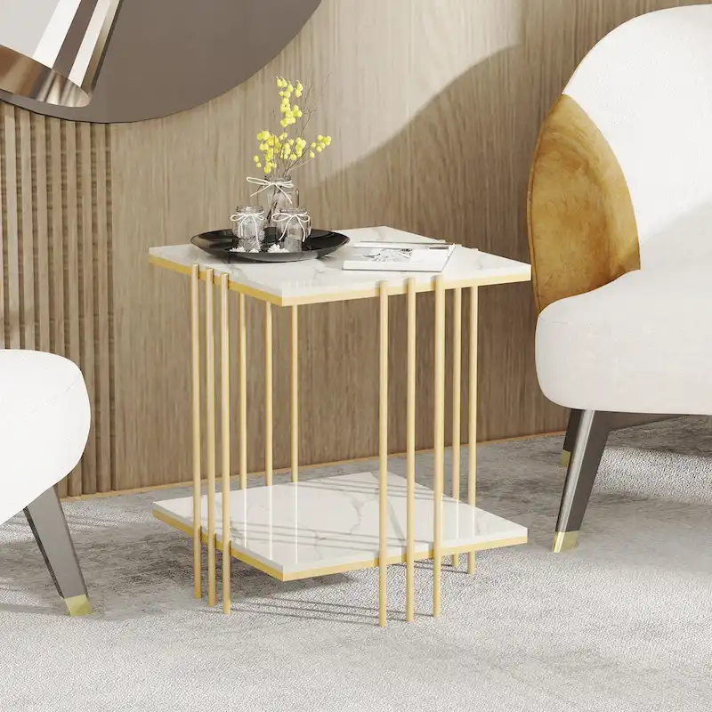 2-Tier Square Sintered Stone Side Table with Iron Frame – White & Gold, 1-Unit