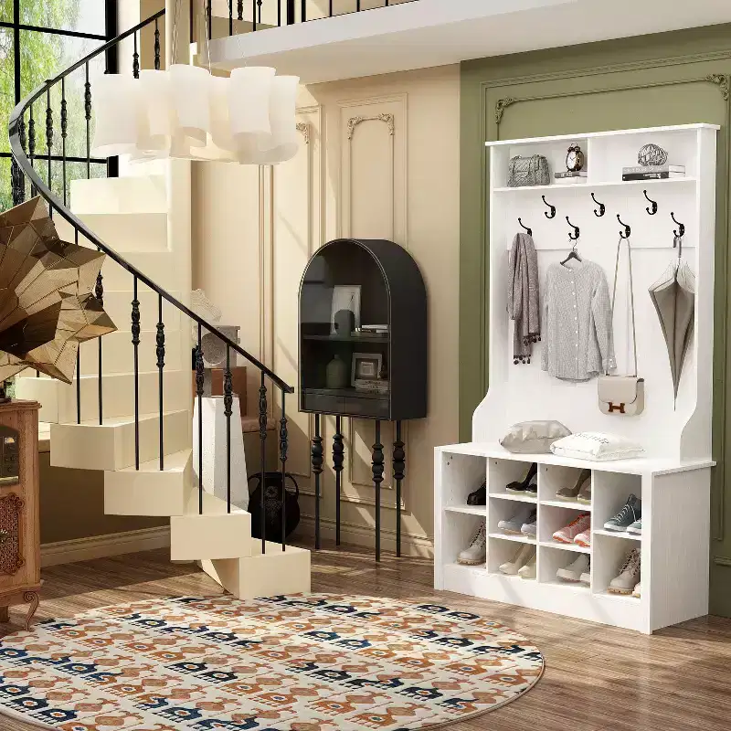 Famapy Wood 3-in-1 Hall Tree Bench with Double Hooks and Shelves