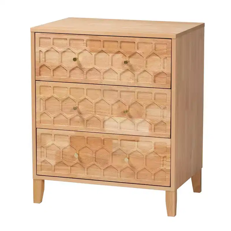 Carved Honeycomb 3 Drawer Chest, Natural