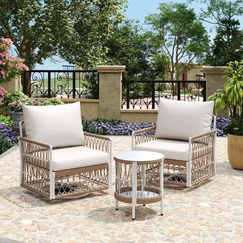 MAYEERTY 3-Piece Bohemian Outdoor Furniture Set, 2 Lounge Chairs & Glass Top Side Table, Handwoven Rope Steel Frame Waterproof Cushions