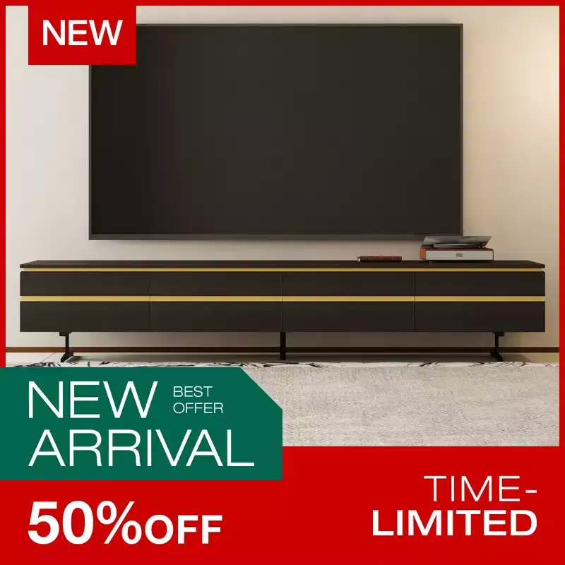 86.61'' Modern Black TV Stand & Media Console with Hidden Storage Drawers, Enclosed Cabinets, Metal Legs & Cable Management