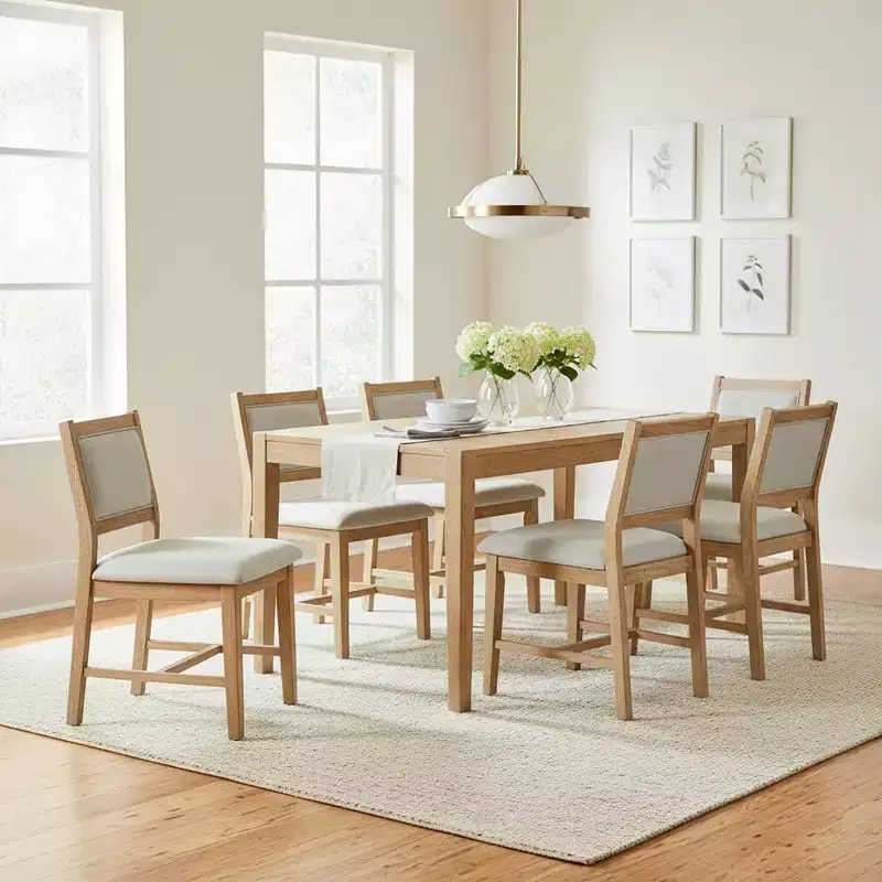 Homy Casa 7-Piece Wooden Dining Table Set with 6 Upholstered Chairs, Natural Finish