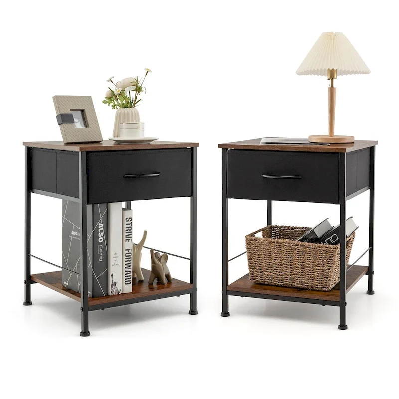 2-Tier Industrial Nightstand with Foldable Drawer and Open Shelf – Industrial Brown, Set of 2