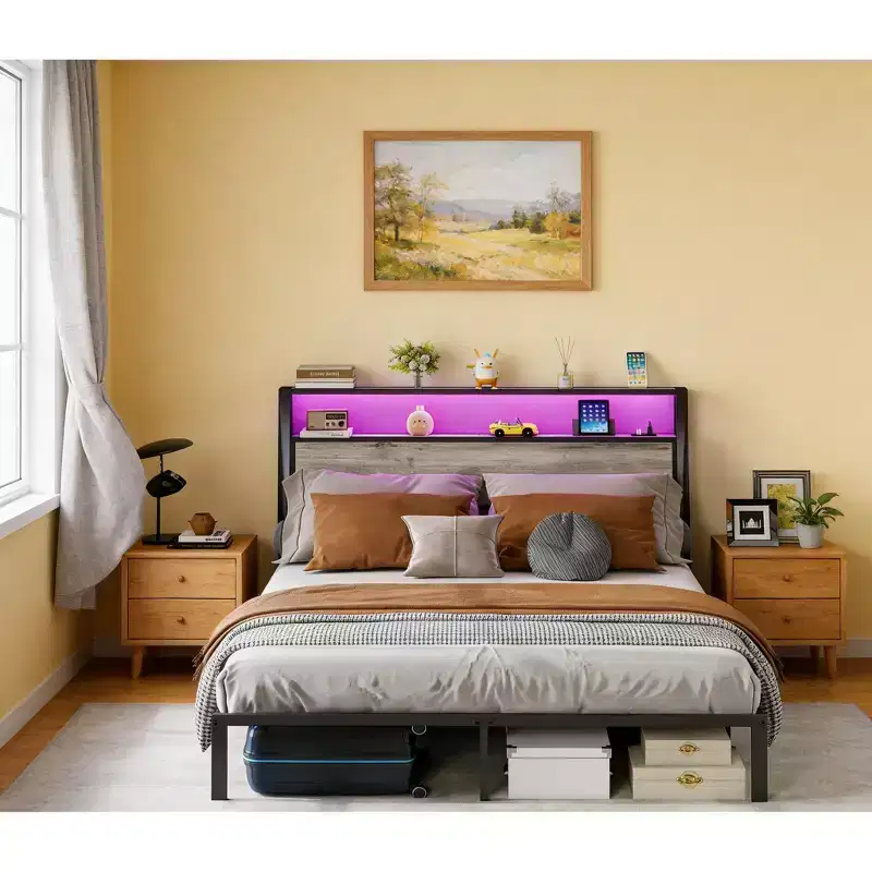Platform Bed Frame with LED Light, USB Charging Station & Upholstered Headboard, Grey