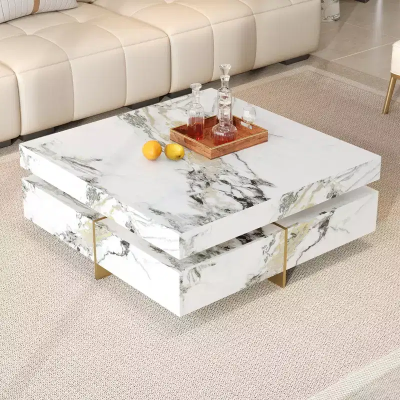 Square Coffee Table Cocktail Table Center Table Sofa Side Table Floating Accent Table with 4 Drawers&Marble Textured, White - ModernLuxe
