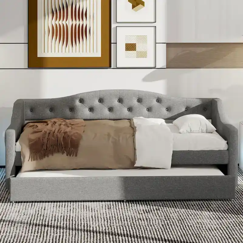 Upholstered Twin XL Size Daybed with LED Belt and Trundle, Gray