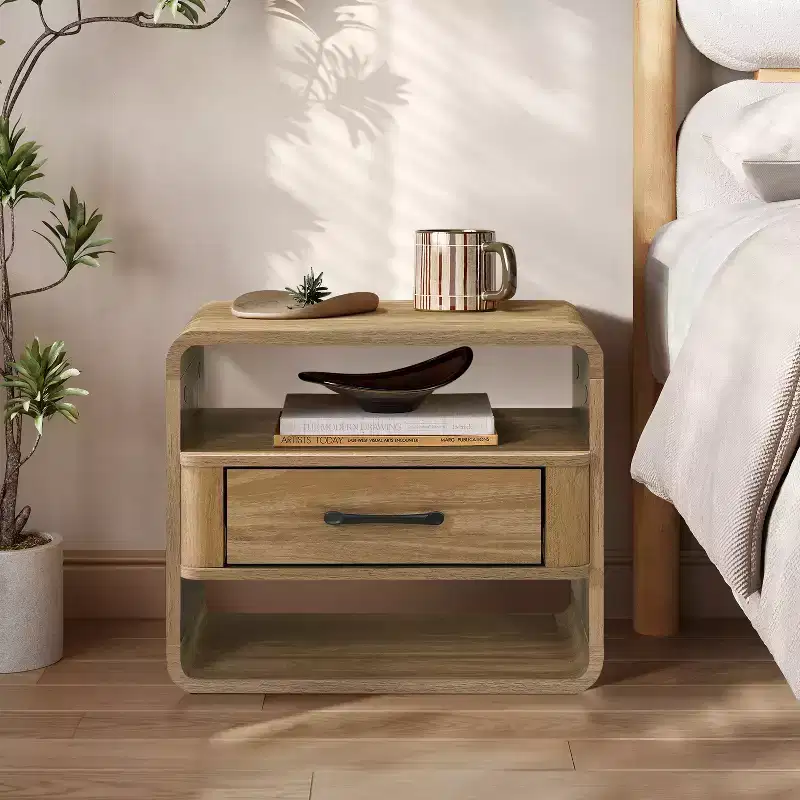 LuxenHome Small Night Stand with Drawer, 15.7 H Light Oak Bedside Table for Bedroom, Living Room Brown