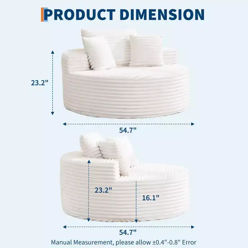 Round Chaise Lounge Chair Indoor Oversized 55  55 Inch Modern No Assembly Corduroy Boneless Cloud Couch Single Sofa with 4 Pillows Deep Seat
