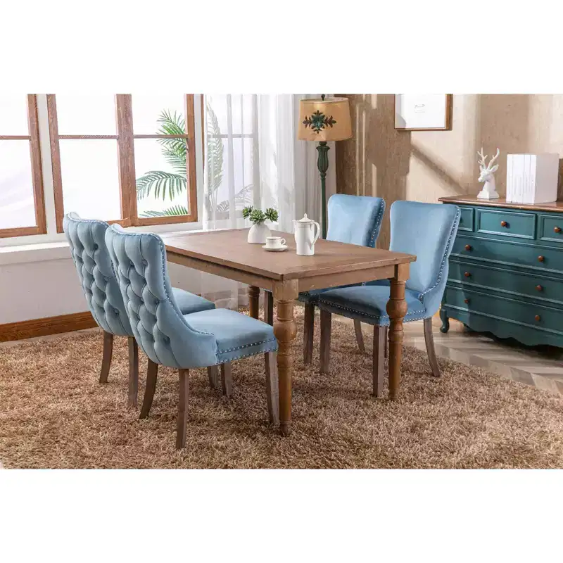 Okak Retro Dining Chairs Set of 2, Comfy Upholstered Wing-Back Chairs with Backstitching Nailhead Trim, Kitchen Chairs with Solid Wood Legs