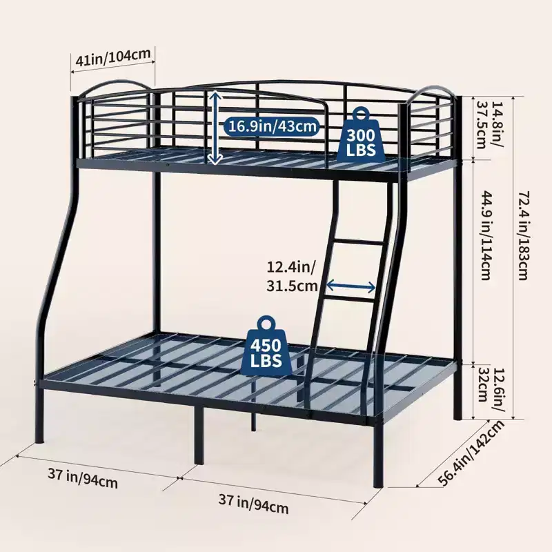 Metal Twin Over Full Bunk Bed Frame, Heavy Duty Space-Saving Design with Ladder and Safety Guardrail, Rounded Edges for Kids, Teens, Dorm Rooms