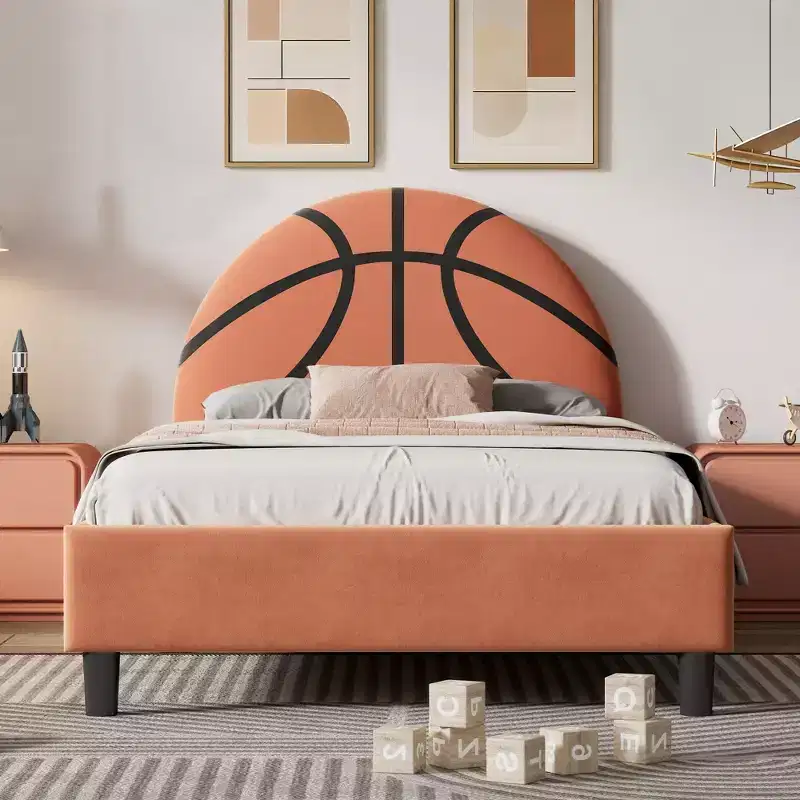 Twin Size Platform Bed, Sport Style Upholstered Bed Frame with Basketball Design for Boys & Girls, Teens, Orange
