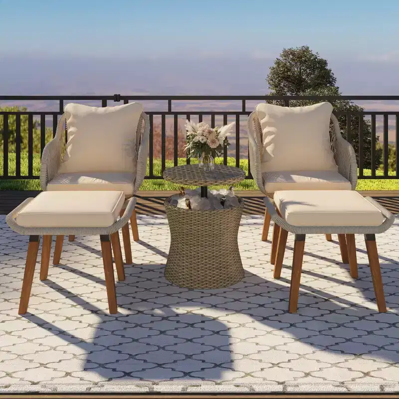 GDFStudio Shawn 5 Piece Patio Seating Set with Rattan Pop-Up Bar Table, Acacia& Metal Seating