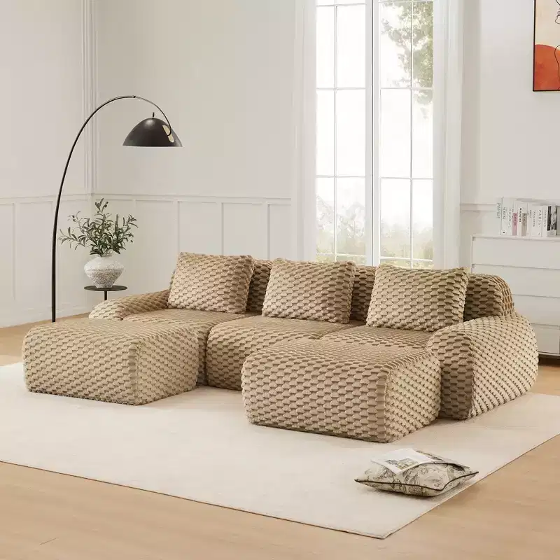 114 U-Shaped Modular Sofa Flannelette 3-Seater Ottoman Buckle No Assembly Light Camel