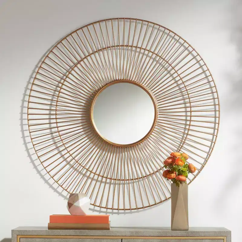 Newhill Designs Conelli Round Vanity Decorative Wall Mirror Modern Warm Gold Leaf Metal Frame 33 3/4 Wide for Bathroom Bedroom Living Room Office