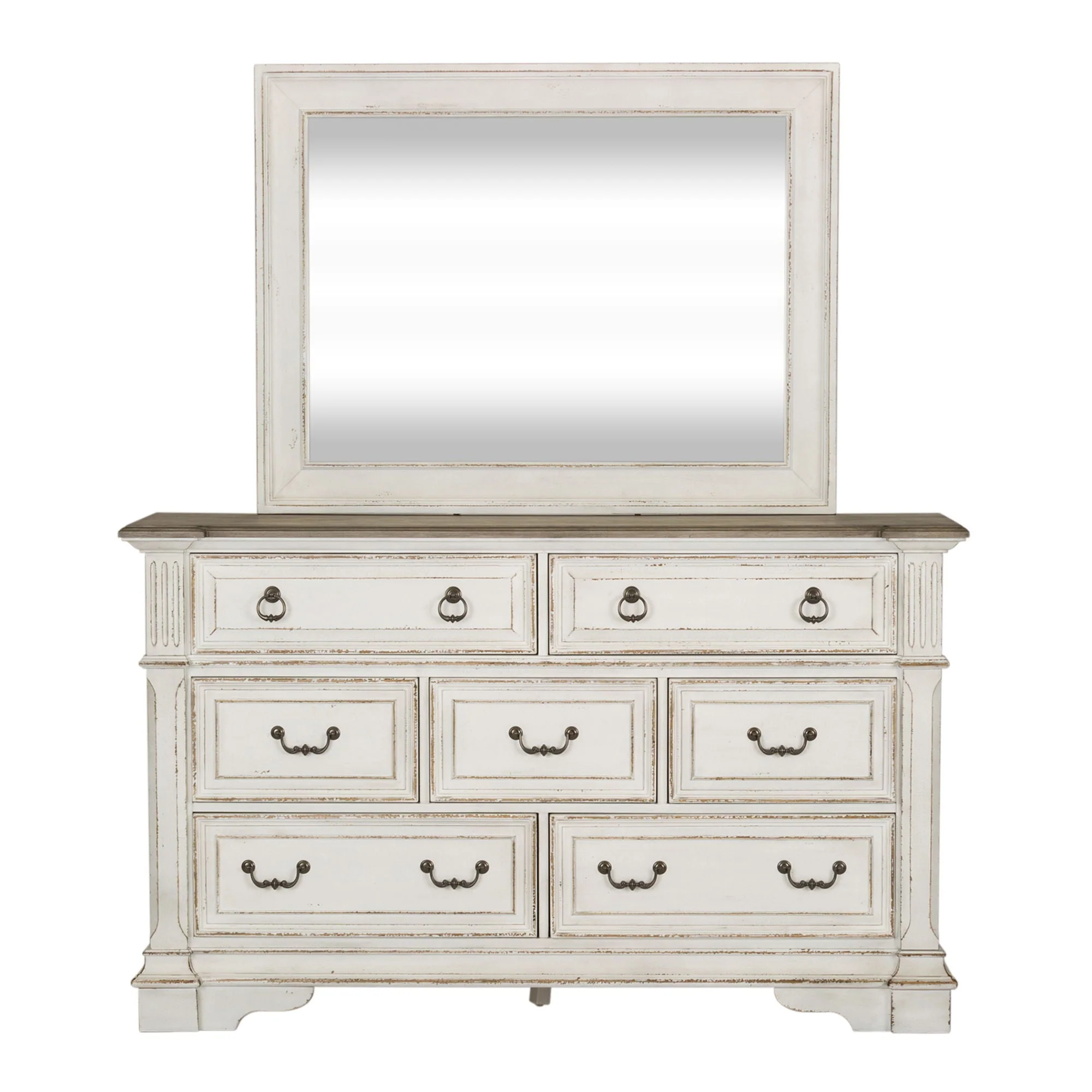 Dresser & Mirror - Antique White — Bail and drop ring hardware in antique pewter add the finishing touch to the cases