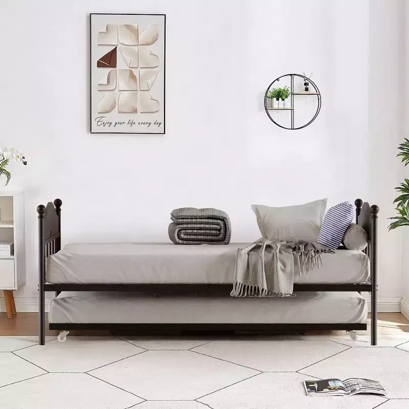 Daybed with Trundle,Metal Twin Size Day Bed,Sofa Bed Frame with Foldable Trundle Bed,Heavy Duty Steel Slats Platform for Living Room,Bedroom