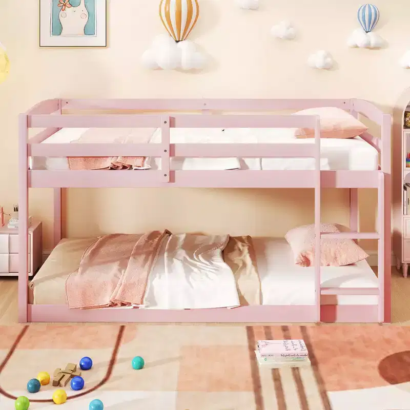 Costway Twin over Twin Low Bunk Bed with Guardrails Integrated Ladder Kids Wooden Grey/White/Beige/Pink