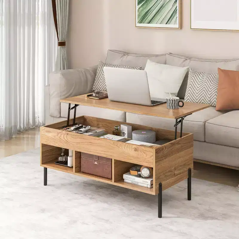 Lift Top Coffee Table with Hidden Compartment and 3 Open Cubbies, Brown