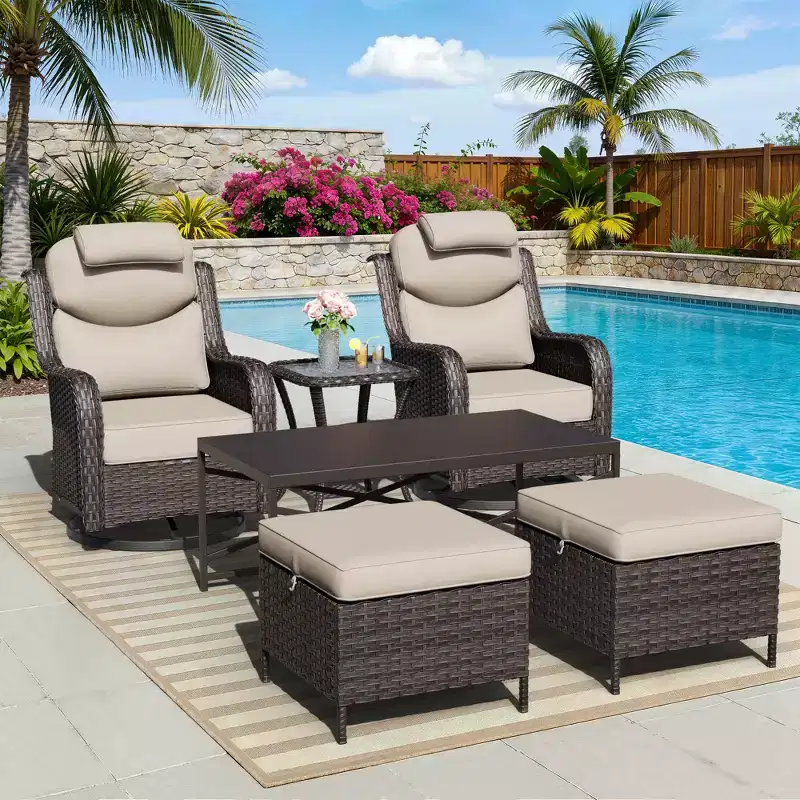 UPTIOT Outdoor Swivel Rocking Chairs Set with Convertible Ottomans and Coffee Table for Patio Comfort