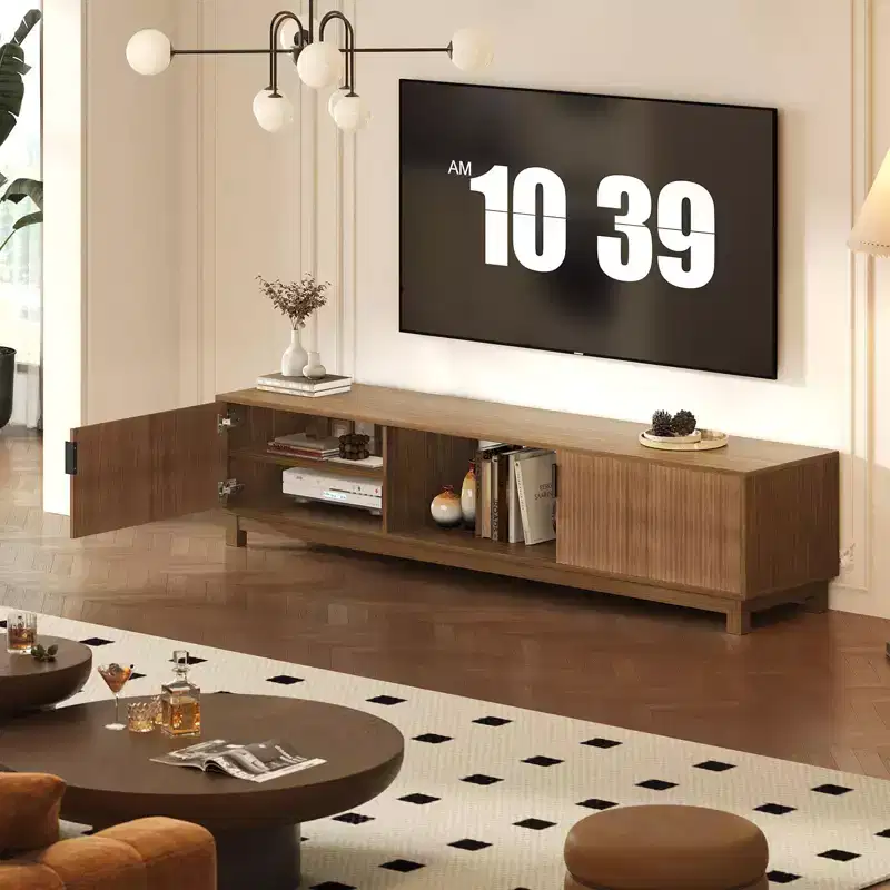 70-Inch Low-Profile TV Stand with Fluted Doors and Open Storage Shelf – Walnut