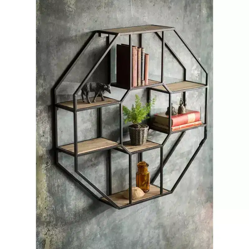 Slickblue Wall-Mounted Iron Wood Shelf, 8-Tier Octagonal/Hexagonal, Display Rack, Industrial, 36x36