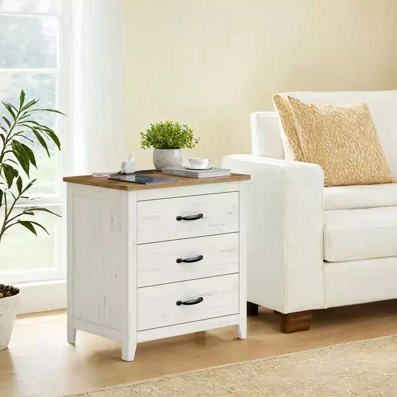 Farmhouse Nightstand with Charging Station - 3-Drawer Bedside Table with USB Ports
