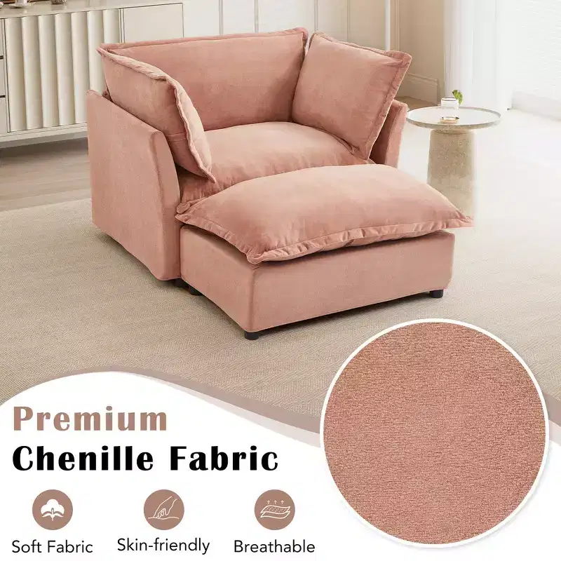 Chenille Armchair with Movable Ottoman, Wide Seat & Curved Armrests