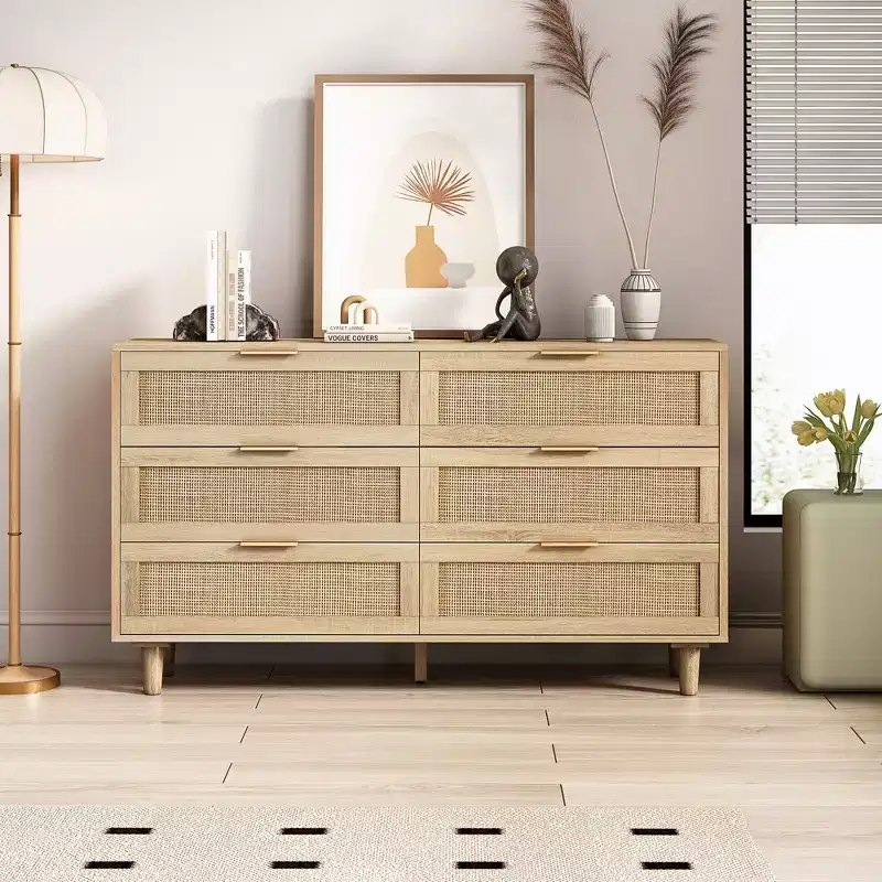 6-Drawer Rattan Dresser for Living Room and Bedroom, Natural - ModernLuxe