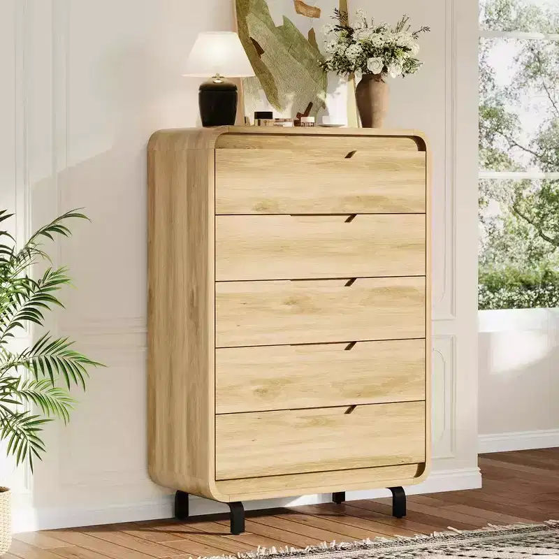 Modern Wood Dresser with Metal Legs: Natural Wood Chest of Drawers featuring Rounded Corners & Anti-Tip Kit for Bedroom Safety.