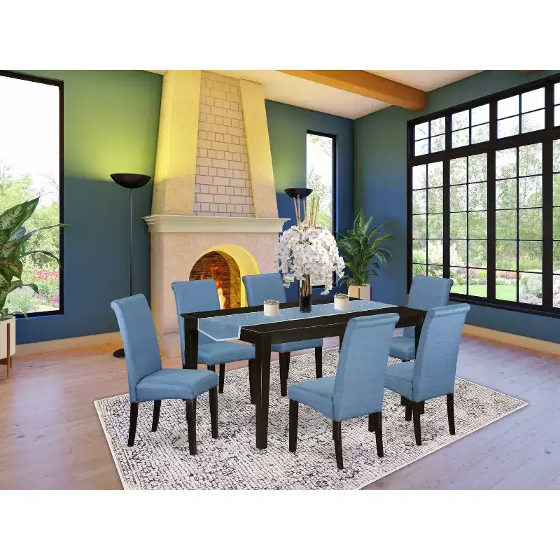 Kitchen Table Set 7pc Gothic Glamour Dining Table Linen Blue Chairs Cappuccino Legs