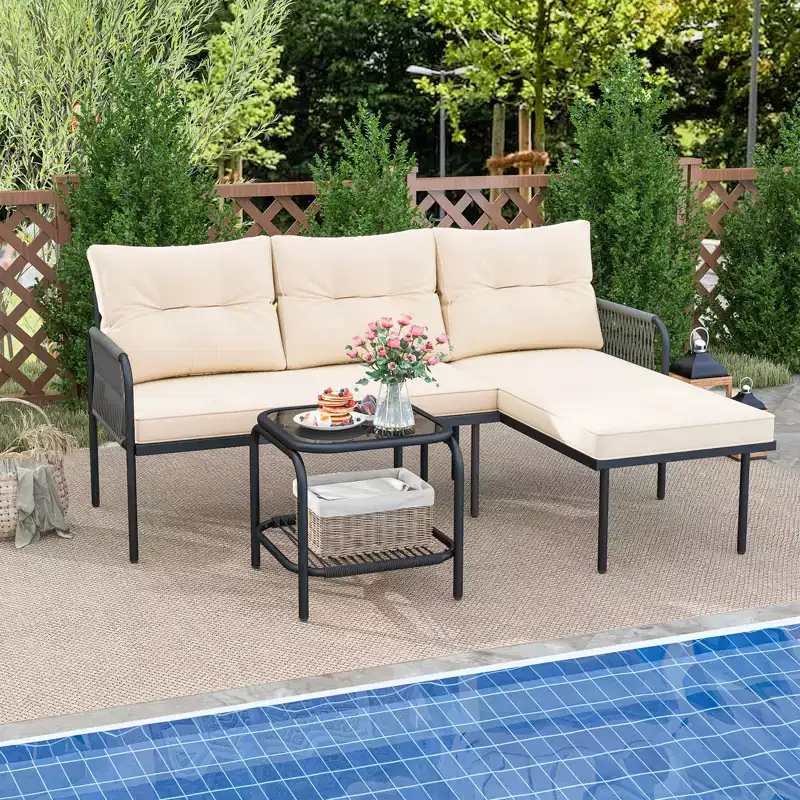 Costway 3-Piece L Shaped Patio Furniture Set w/Tempered Glass Table Back & Seat Cushions