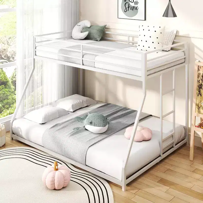 ZevemomoTwin Over Full Bunk Bed, Metal Low Profile Bunkbeds with Full-Length Guardrail and Ladder, Space Saving, No Boxing Spring Needed, White