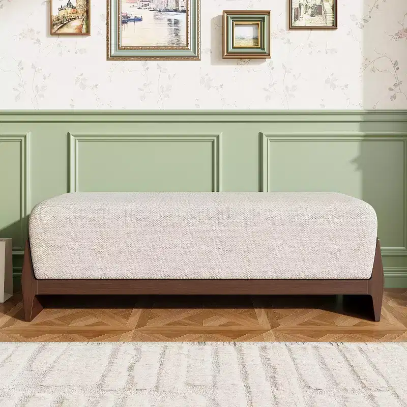 Mid-Century Modern Wood Upholstered Bench with Thick Soft Cushions