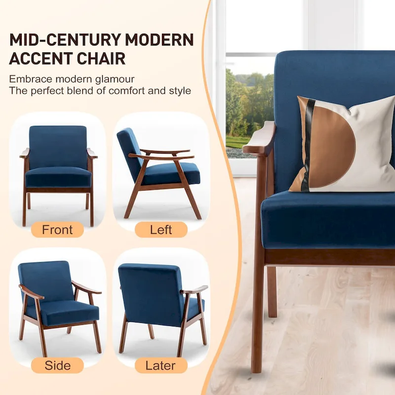 Mid-Century Modern Accent Chair with Solid Wood Frame, Set of 1