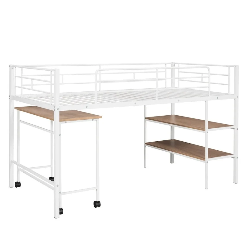 Twin Size Metal Loft Bed with Desk and Shelves