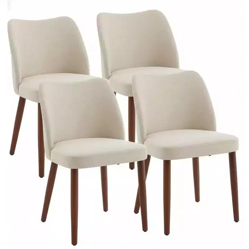Set of 4 Modern Linen Upholstered Dining Chairs, Armless Kitchen Chairs with Wood Legs, Wing Backrest, Leveling Feet, Space-Saving Design, White