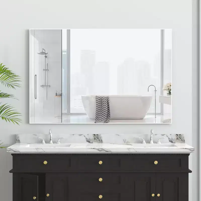 Modern White Frame Bathroom Mirror: Oversized, Aluminum, Wall Mounted, Vertical/Horizontal