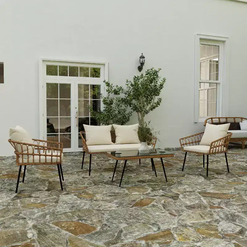 Merrick Lane Four Piece Indoor/Outdoor Boho Open Weave Natural Rattan Rope Patio Set with Two Chairs, Loveseat and Table with Cushions