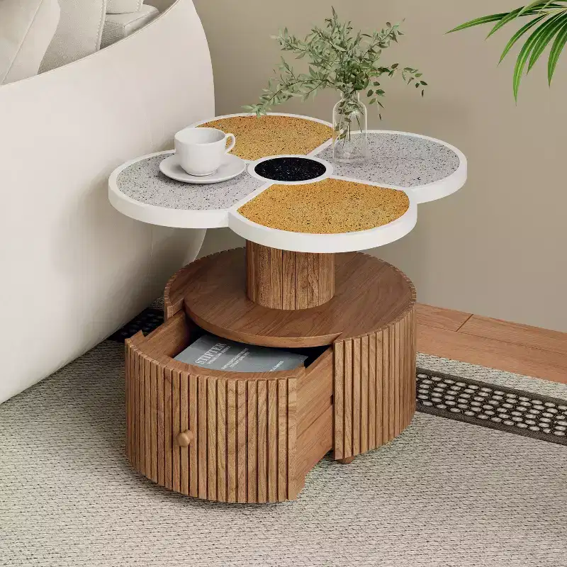 Christopher Knight Home Evelyn Modern Stone-Look Resin Four-Leaf Clover Accent Side Table with Wood Base and Storage Drawer