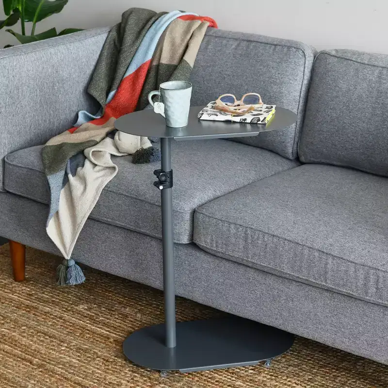 Storied Home Modern Adjustable C-Shaped End Accent Table Gray: Sleek Side Sofa Table, Steel Frame & Top
