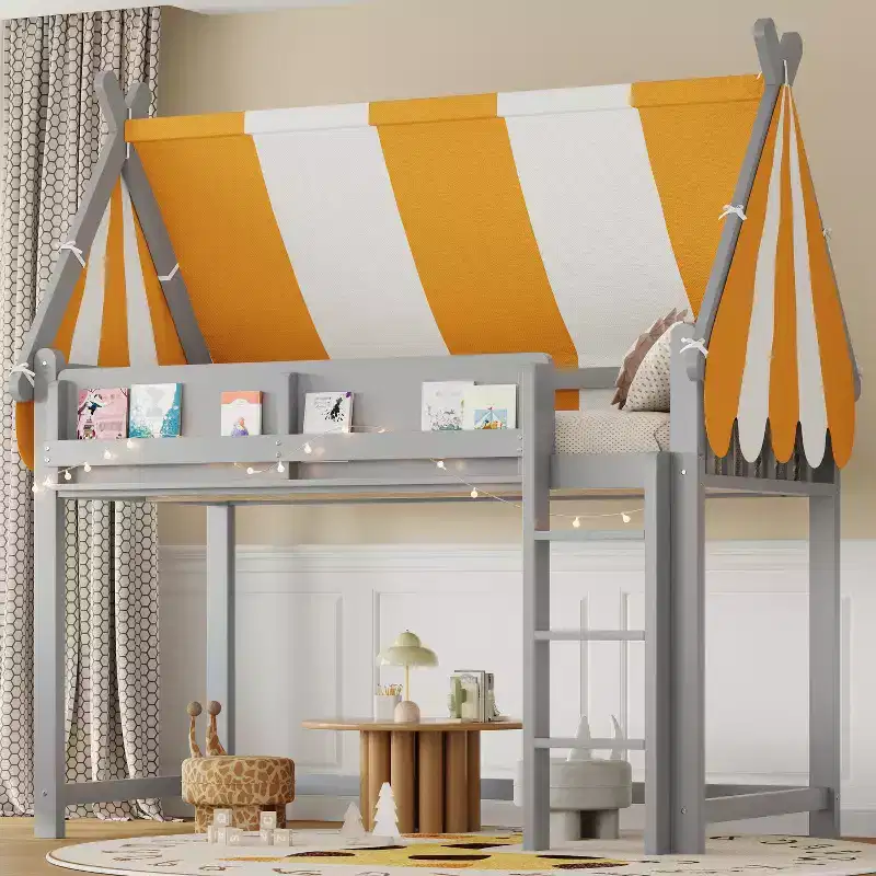 Twin/Full Size Loft Bed for Kids with Canopy, LED Lights & Book Shelf - ModernLuxe