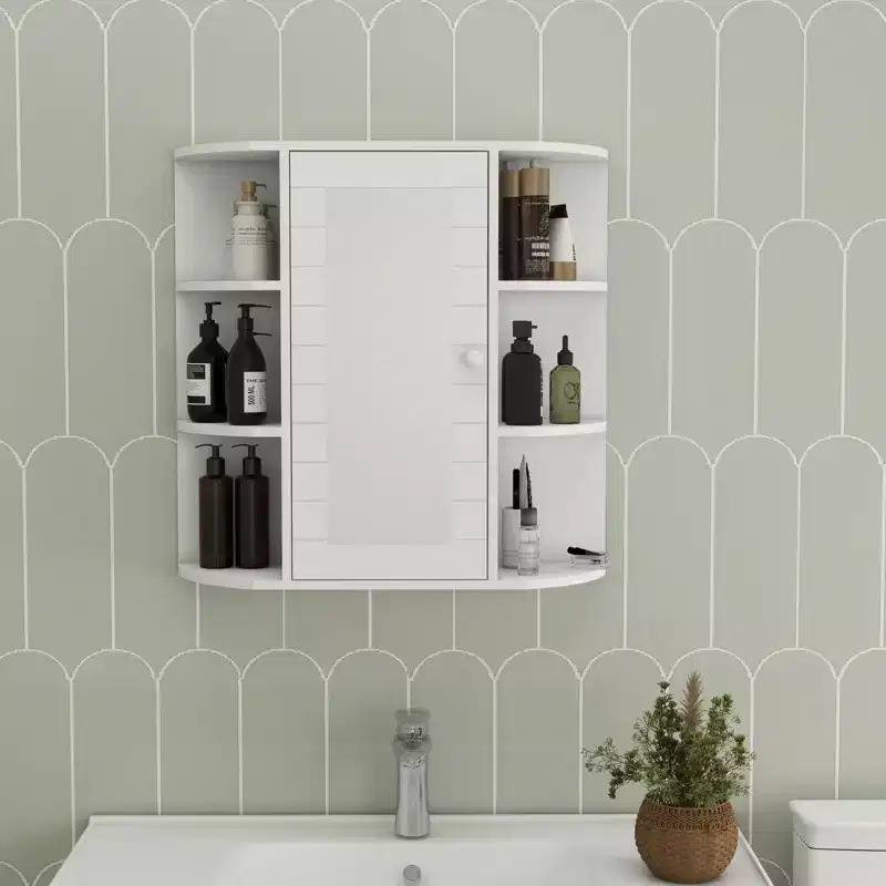 Wall-Mounted Mirror Cabinet with Adjustable Shelves and Open Storage