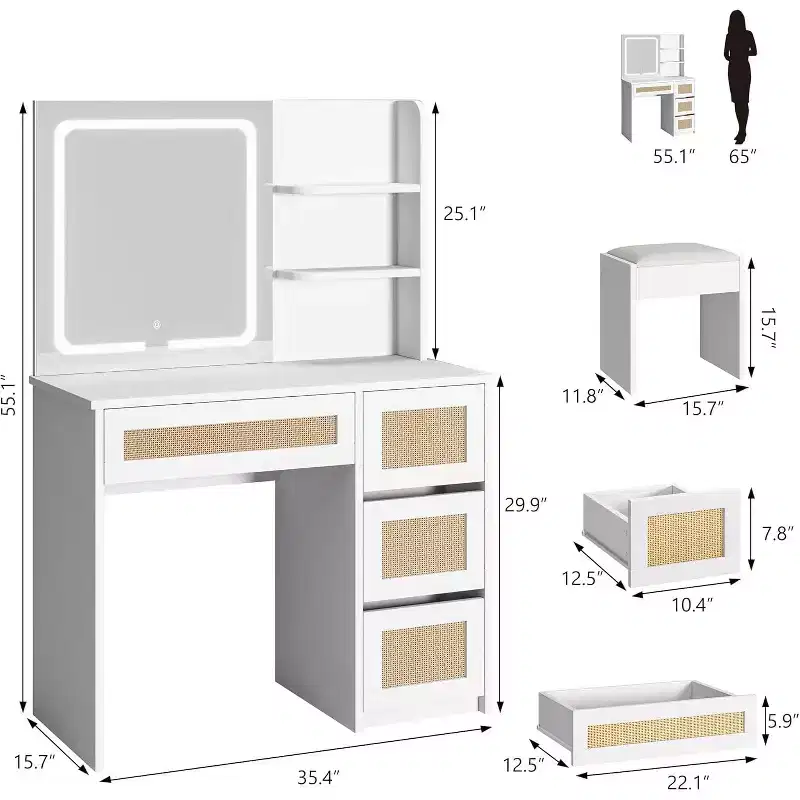 COZONY Rattan Makeup Vanity Desk with Mirror & Adjustable LED Light, Large Storage Vanity with 4 Drawers and 2-Tier Open Shelves for Bedroom, White