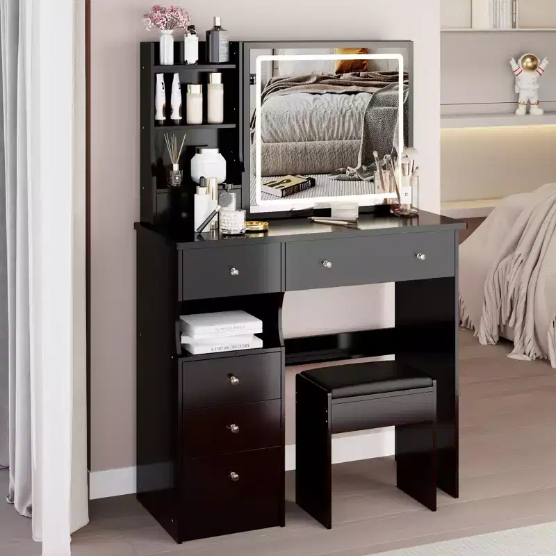 Okak Vanity Table and Chair Set with High Capacity Storage,37 Left Drawer Desktop Vanity Table with Extra Large Touch Control LED Mirror,Black