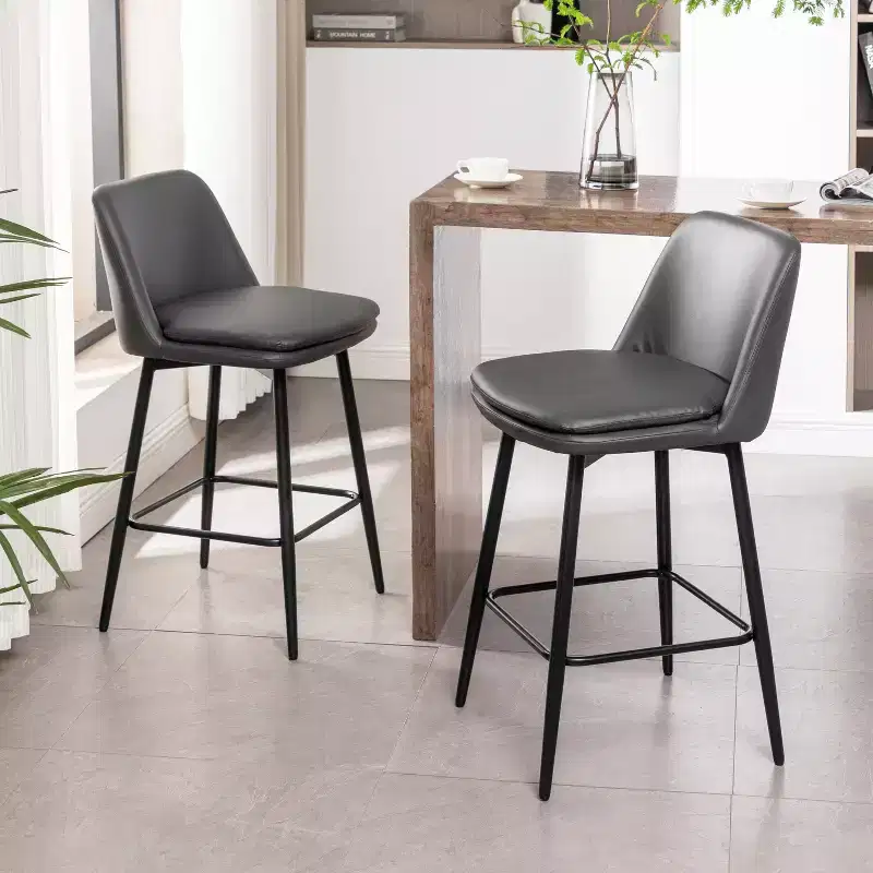 MAYEERTY Set of 2 Counter Height Swivel Bar Stools 360 Swivel Upholstered 25.6in Seat Height Faux Leather Gray for Kitchen Island Pub