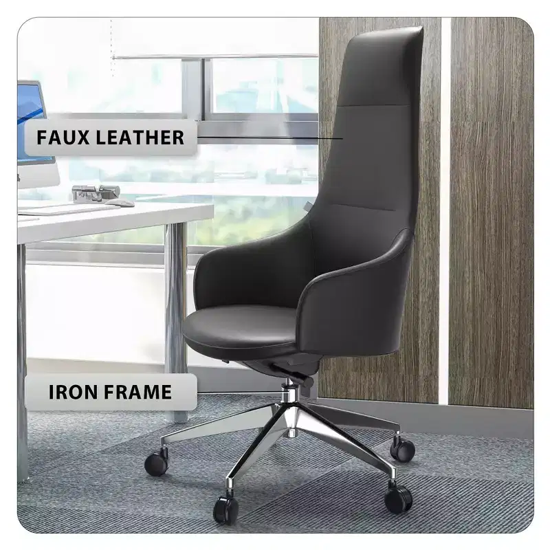 LeisureMod Celeste High-Back Leather Office Chair with Headrest - Modern Iron Frame Swivel & Tilt Executive Desk Chair