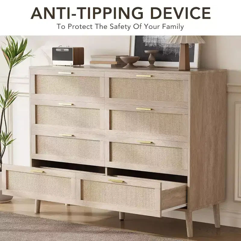 8-Drawer Natural Rattan Dresser with Golden Handles