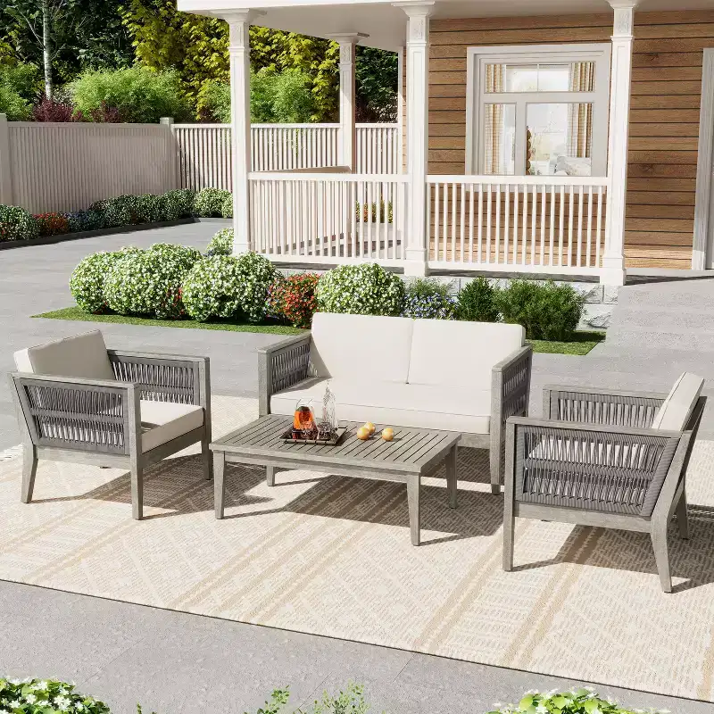 Christopher Knight Home Yan 4 Piece Patio Rope Woven Acacia Wood Seating Set with Water-Resisitant Cushion