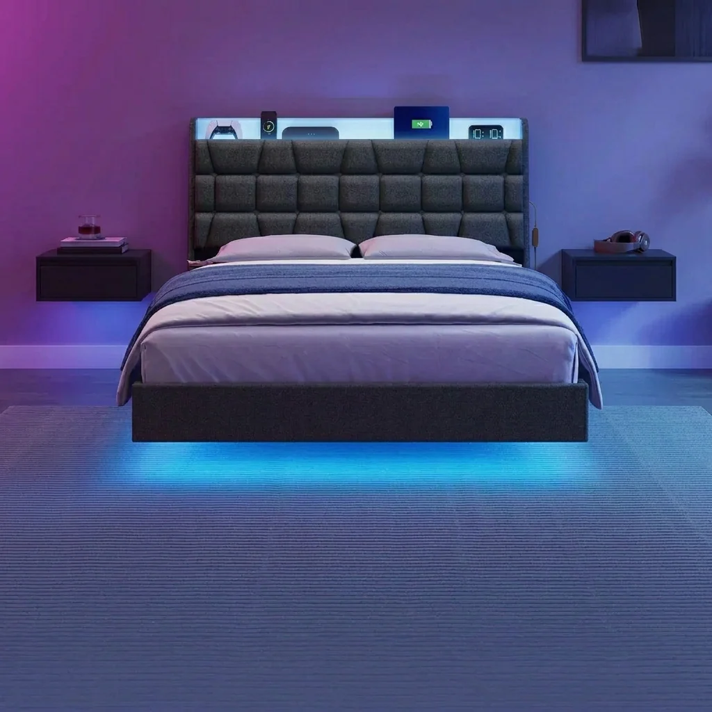 Full Size Floating Bed Frame with LED Lights, Full Bed Frame with Charging Station, Tufted Storage Headboard, Upholstered Platform Bed Frame