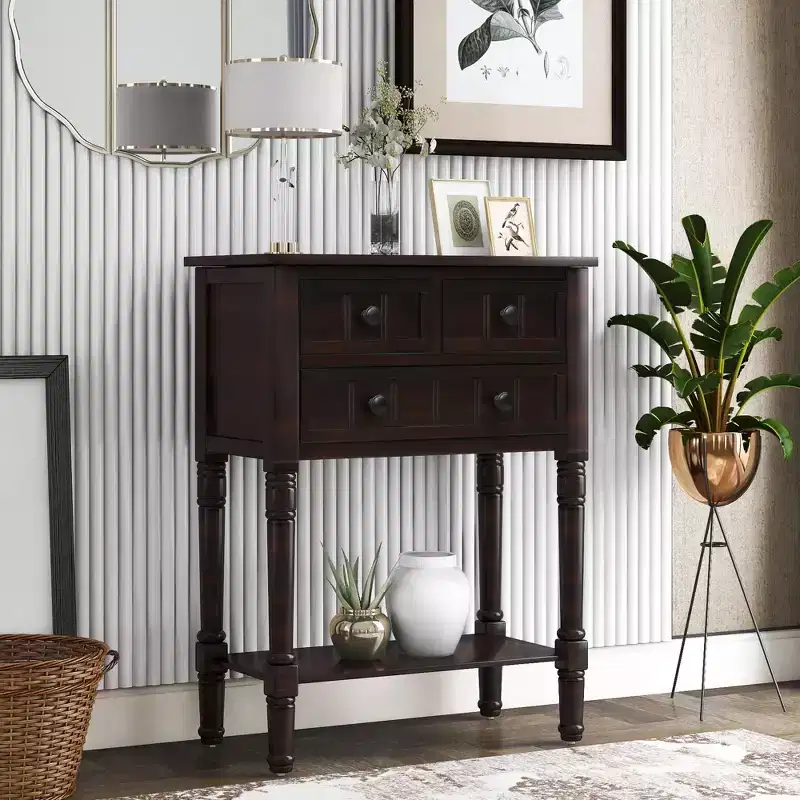 Narrow Console Table, Slim Sofa Table with Three Storage Drawers and Bottom Shelf (Espresso)